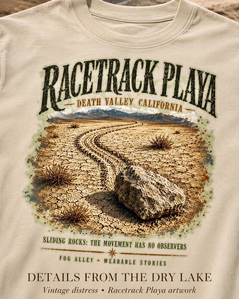 Puede incluir: Una camiseta beige con un gr&aacute;fico de Racetrack Playa en el Valle de la Muerte, California. El estampado muestra una roca sobre tierra agrietada con un rastro, y el texto "RACETRACK PLAYA", "SLIDING ROCKS: THE MOVEMENT HAS NO OBSERVERS".