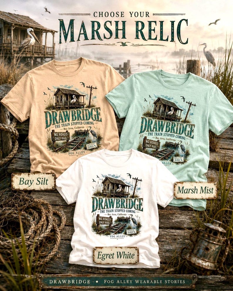 May include: Three t-shirts in beige, mint green, and white, each featuring a graphic of a weathered building, a pelican, and the text "DRAWBRIDGE". The text "THE TRAIN STOPPED COMING" and "NO ROADS ONLY RAIL" are also visible. The shirts are labeled "Bay Silt", "Marsh Mist", and "Egret White".