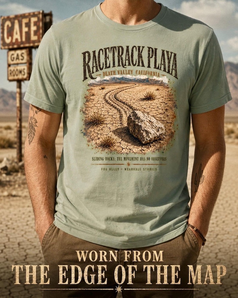 Puede incluir: Una camiseta de manga corta color verde salvia con un gr&aacute;fico de una roca sobre un suelo des&eacute;rtico agrietado, con el texto RACETRACK PLAYA DEATH VALLEY CALIFORNIA, SLIDING ROCKS: THE MOVEMENT HAS NO OBSERVERS y FOG ALLEY WEARABLE STORIES impreso.