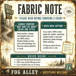 May include: A vintage-style sign for Fog Alley Motel, featuring a winding road, trees, and text about fabric content and care. The sign includes the text "Fabric Note" and "Questions Welcome".
