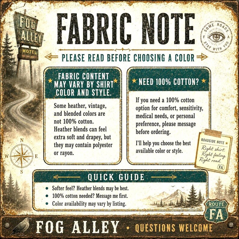 May include: A vintage-style sign for Fog Alley Motel, featuring a winding road, trees, and text about fabric content and care. The sign includes the text "Fabric Note" and "Questions Welcome".