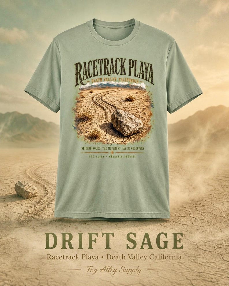 Puede incluir: Una camiseta de color verde salvia con un gr&aacute;fico de Racetrack Playa en el Valle de la Muerte, California. El dise&ntilde;o muestra un paisaje des&eacute;rtico con una roca deslizante y huellas, con el texto "RACETRACK PLAYA", "DEATH VALLEY CALIFORNIA" y "SLIDING ROCKS: THE MOVEMENT HAS NO OBSERVERS".