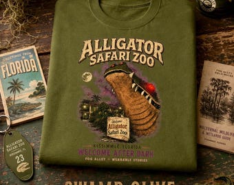 Camiseta del zoológico Alligator Safari, camiseta vintage de los caimanes de Florida, camiseta de la atracción turística Kissimmee Roadside Attraction, camiseta con estampado de pantano, camiseta de Fog Alley After Dark