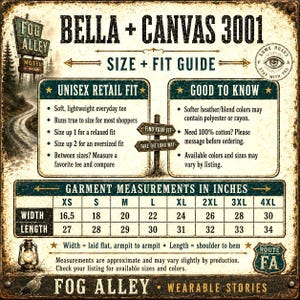 Puede incluir: Una gu&iacute;a de tallas y ajuste Bella + Canvas 3001 con dise&ntilde;o de letrero vintage. Incluye una tabla de medidas de prendas en pulgadas para tallas de XS a 4XL, detallando ancho y largo, junto con texto informativo sobre el ajuste de la prenda.