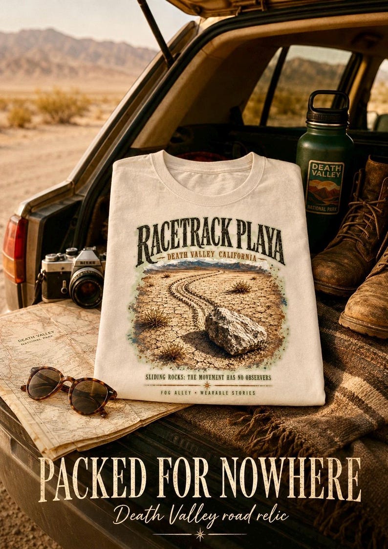 Puede incluir: Una camiseta de color crema con un gr&aacute;fico de Racetrack Playa en el Valle de la Muerte, California, que muestra una roca y un rastro, junto al texto "Racetrack Playa", "Sliding Rocks: The Movement Has No Observers" y "Fog Alley - Wearable Stories".