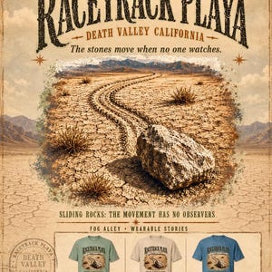 Puede incluir: Un p&oacute;ster que muestra Racetrack Playa, Death Valley California con un gr&aacute;fico de una roca deslizante y el texto: The stones move when no one watches. Debajo hay tres camisetas en colores verde salvia, hueso y azul con el mismo gr&aacute;fico.