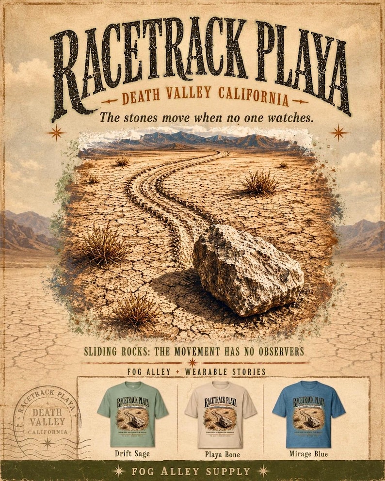Puede incluir: Un p&oacute;ster que muestra Racetrack Playa, Death Valley California con un gr&aacute;fico de una roca deslizante y el texto: The stones move when no one watches. Debajo hay tres camisetas en colores verde salvia, hueso y azul con el mismo gr&aacute;fico.