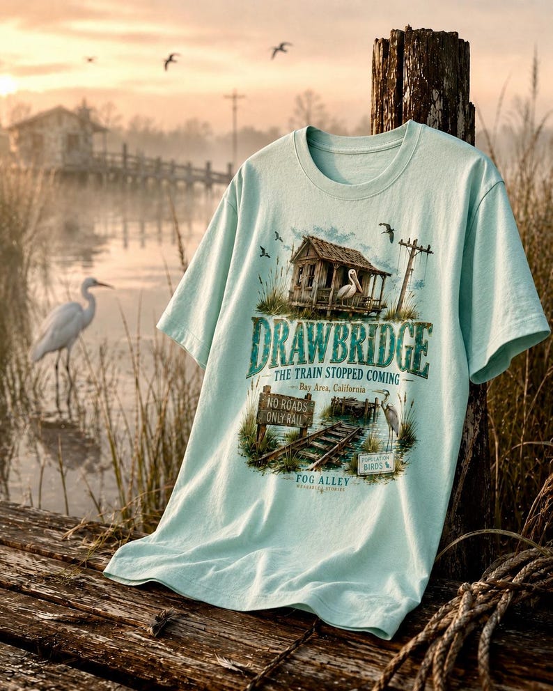 May include: A light blue t-shirt featuring a graphic of a rustic shack, a heron, and the text "DRAWBRIDGE THE TRAIN STOPPED COMING Bay Area, California". The design includes a railroad track and the words "NO ROADS ONLY RAIL".