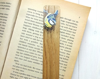 Blue Tit Miniature Art Bookmark - Oils on Solid Oak - Bookmark - Feather Page Marker - Bird Painting - Graduation Gift - Retirement Gift