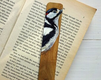 Woodpecker Miniature Art Bookmark - Oils on Solid Oak - Bookmark - Painted Page Marker - British Bird Painting - Reading Gift - Nature Lover