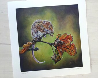 May include: A square art print featuring a detailed painting of a small brown mouse perched on an oak branch with orange autumn leaves and acorns. The title Equinox is written in the bottom left corner and the artist signature is on the right.