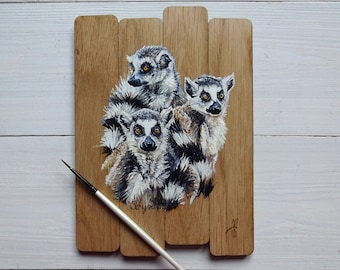 Lemur Oil Painting - Oak Panel Approx. 6.75" x 4.5" - Handmade - Painted Wood - Original Art - Ring Tailed Lemur Gift - Monkey Themed Art