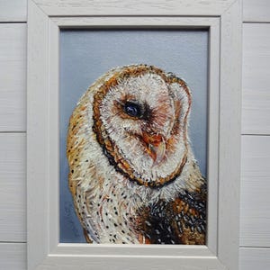 Barn Owl Painting: Original Framed Mixed Media Animal Art (5x7)