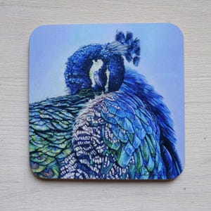 Peacock Art Wooden Coaster: High Gloss Drink Mat (9cm)
