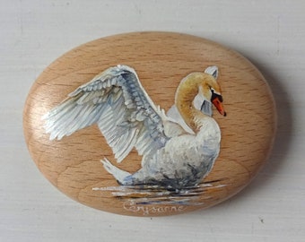 Swan Art Pebble - Palm size wood pebble - Hand painted - Swan art - Swan painted gift - Swan miniature painting - Swan gift - Swan wings