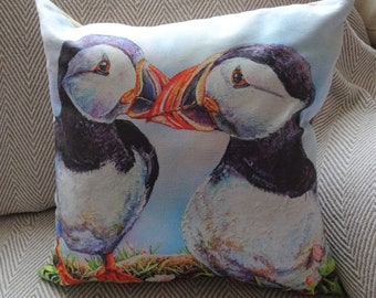 Puffin Faux Suede Cushion - Gossip - 18" square zip cushion cover and pad - Decorative bird pillow