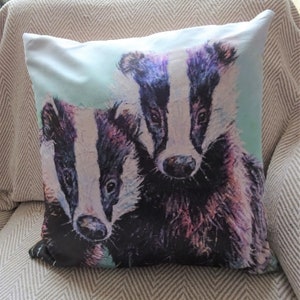 Cute Badger Faux Suede Cushion -  Curiosity - 18" square zip cushion cover - pad - badger decor - badger pillow - movie night accessory