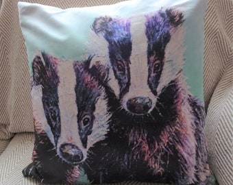 Cute Badger Faux Suede Cushion -  Curiosity - 18" square zip cushion cover - pad - badger decor - badger pillow - movie night accessory