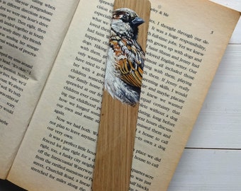 Sparrow Miniature Art Bookmark - Oils on Solid Oak - Bookmark - Painted Page Marker - British Bird Painting - Reading Gift - Nature Lover