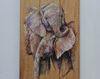 Baby Elephant Oil Painting - Oak Panel Approx 6.75" x 3.5" - Handmade - Painted Wood - Original Art - Embrace - Touching Elephants- Wild Art