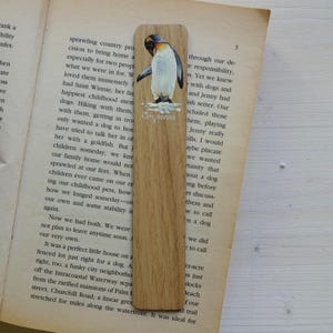 Hand Painted Penguin Oak Bookmark: Bird Lover Gift