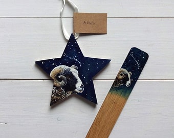 Aries Bookmark / Star - March 21 - April 19 - Hand Painted Zodiac Gifts - Constellation Decoration - Book Lovers Gift - Ram - Sheep Art