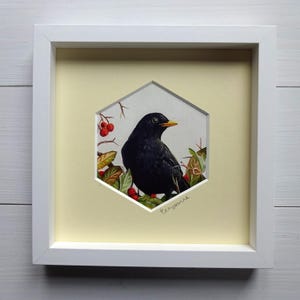 Blackbird Oil Painting: Original Framed British Garden Bird Art