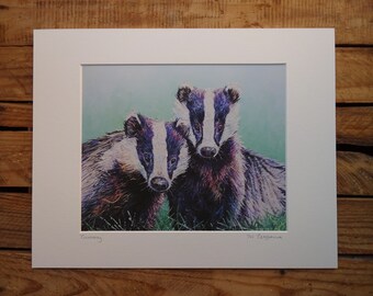 Badger Duo  Limited Edition Giclee Print - Curiosity - 8" x 10" - Mount Option - Curious Badgers - Badger Art - Badger Print - Badger Gift