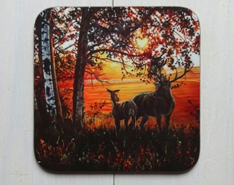Deer Sunset Wooden Coasters with a High Gloss Finish - Printed with an original painting Deer Heart - Wipeable durable 9cm x 9cm - Deer gift
