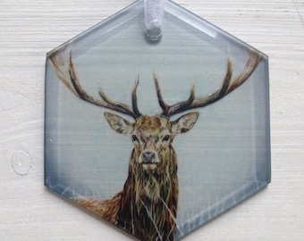 Stag and Moon Suncatcher - Glass Hexagon - Window Decoration - Tree Ornament - Wall Hanging - Art - Stag Themed Gift - Retirement Gift