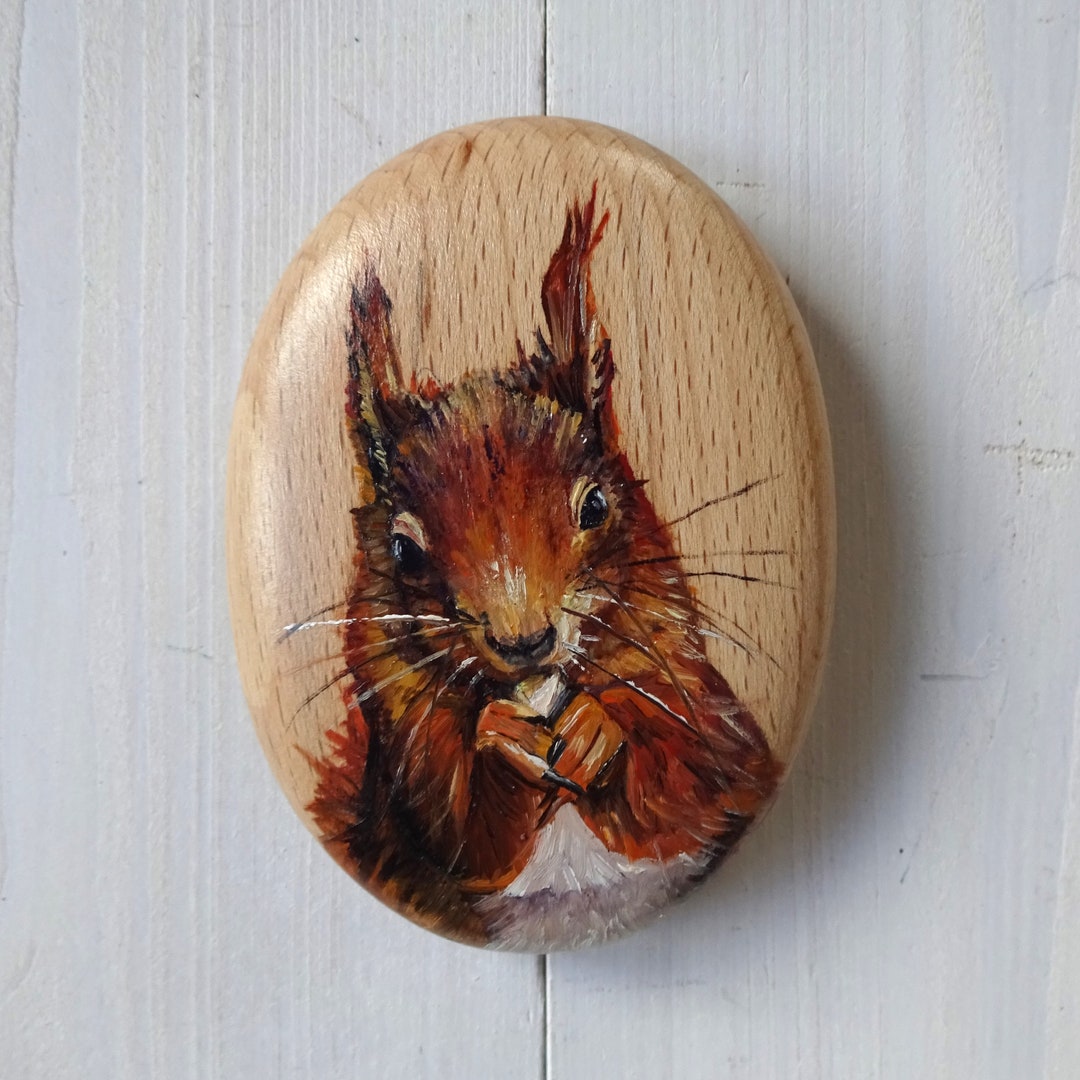 Red Squirrel Miniature Art Pebble Palm Size Wood Pebble Hand Painted ...