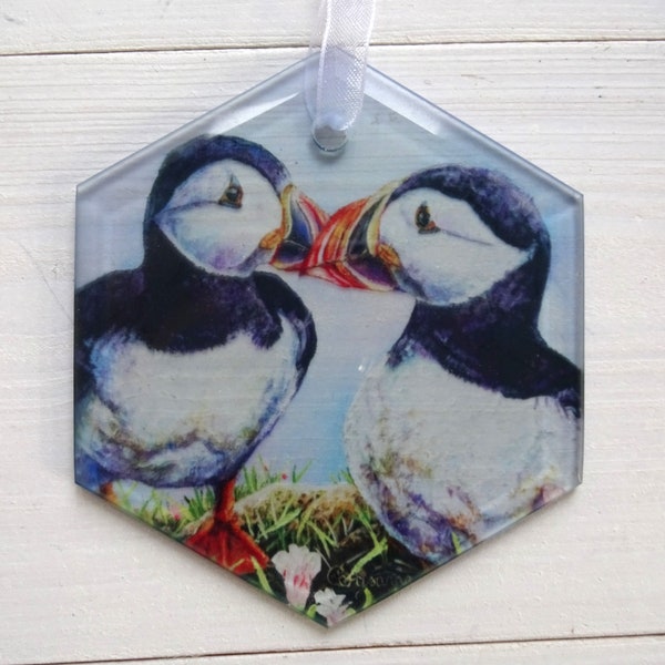 Puffin Suncatcher - Glass Hexagon - Window Decoration - Tree Ornament - Wall Hanging - Bird Lover's Gift - Nature Themed Gift