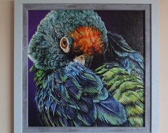 Parrot Mixed Media Painting - Ritzy - 12" x 12" framed oil board featuring parrot art - Bird feathers -  Bird lovers gift - Framed art