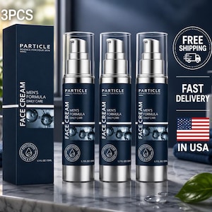May include: Three bottles of Particle Men's Formula Face Cream, 1.7 fl oz each, with a matching box. The dark blue bottles have silver pumps and white text. The box and bottles have the words "Face Cream" and "Daily Care". The image also says "Free Shipping" and "Fast Delivery".