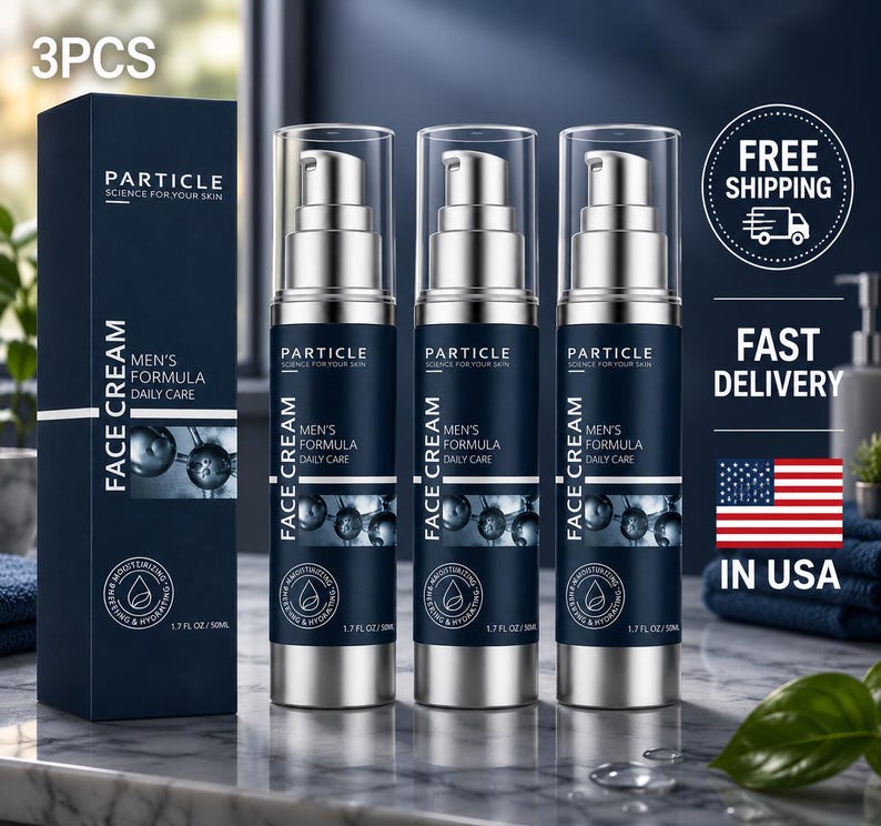 May include: Three bottles of Particle Men's Formula Face Cream, 1.7 fl oz each, with a matching box. The dark blue bottles have silver pumps and white text. The box and bottles have the words "Face Cream" and "Daily Care". The image also says "Free Shipping" and "Fast Delivery".