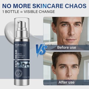May include: A skincare product bottle with a silver pump and navy blue label. The label reads "Particle Aesthetic Science for Men" and "Men's Formula Daily Care Face Cream." The image includes the text "No More Skincare Chaos" and "1 Bottle = Visible Change."