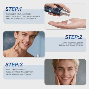 May include: A skincare product application guide with three steps. Step 1: Apply cream from a pump bottle. Step 2: Apply cream to face or neck. Step 3: Massage until absorbed. The text includes instructions.