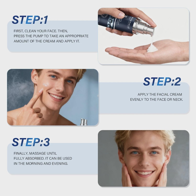 May include: A skincare product application guide with three steps. Step 1: Apply cream from a pump bottle. Step 2: Apply cream to face or neck. Step 3: Massage until absorbed. The text includes instructions.