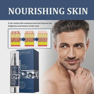 May include: A product image featuring a man and a skincare product. The product is a face cream from Particle, with the text "MEN'S FORMULA DAILY CARE" on the bottle and box. The image also includes the text "NOURISHING SKIN" and a diagram of skin layers.