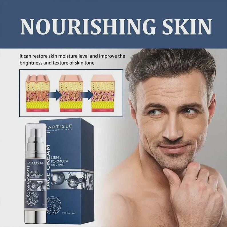 May include: A product image featuring a man and a skincare product. The product is a face cream from Particle, with the text "MEN'S FORMULA DAILY CARE" on the bottle and box. The image also includes the text "NOURISHING SKIN" and a diagram of skin layers.