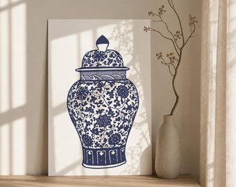 Arte de papel recortado hecho a mano / Jarrón de jengibre azul y blanco de estilo chinoiserie para decoración de pared