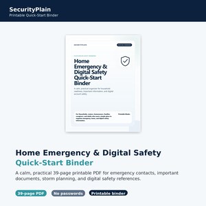 May include: A white binder with the text "Home Emergency & Digital Safety Quick-Start Binder" in a bold, dark font. The binder includes a checklist icon and the words "Printable Binder". The description also includes the text "39-page PDF" and "No passwords".