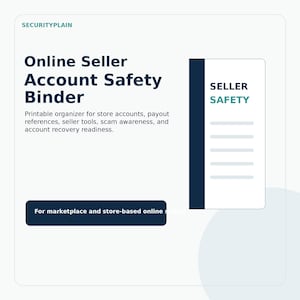 Può includere: Grafica bianca e blu con il testo "Online Seller Account Safety Binder". Il raccoglitore include informazioni per account di negozi, riferimenti di pagamento, strumenti per venditori, consapevolezza delle truffe e preparazione al recupero dell'account.