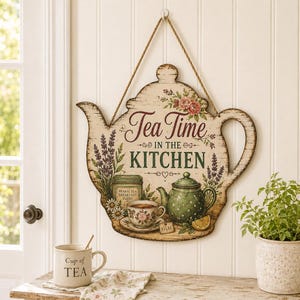 Könnte beinhalten: Ein teekannenförmiges Wandbild aus Holz mit dem Schriftzug Tea Time IN THE KITCHEN, verziert mit Illustrationen von Lavendel, Rosen, einer grünen Teekanne, einer Teetasse und einer Teedose. Das Schild hängt an einem Juteseil.