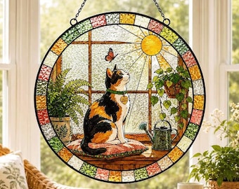 Attrape-soleil chat calico personnalisé, décoration de fenêtre chat sur mesure, ornement animalier style vitrail, décoration botanique pour amoureux des chats, cadeau pour maman chat