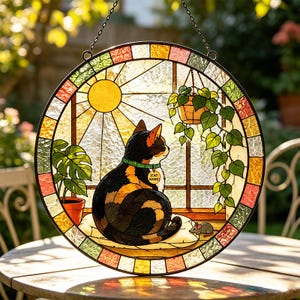Puede incluir: Una vidriera redonda que representa un gato mirando por una ventana. El gato es negro y naranja, con un collar verde y una etiqueta "[CAT NAME]". La ventana incluye un sol, plantas y un ratón. El borde es multicolor.