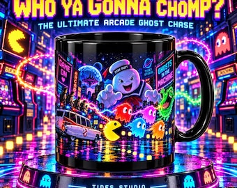 Who Ya Gonna Chomp? Black Mug: Ghost Hunters Meet Retro Arcade, 11 oz