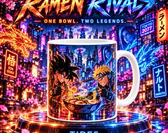 Anime Ramen Rivals Mug: Neon City Duo, 11 oz Ceramic Black Mug, Personalizable