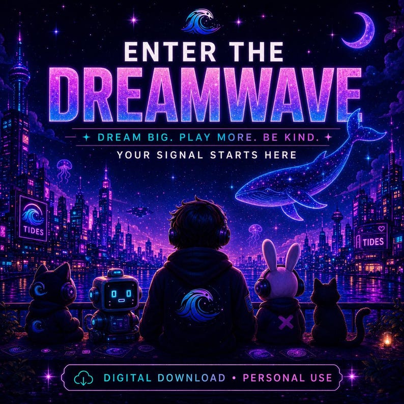 May include: A digital illustration featuring a person with headphones sitting before a neon cityscape. Text reads: ENTER THE DREAMWAVE, DREAM BIG. PLAY MORE. BE KIND. YOUR SIGNAL STARTS HERE, TIDES, and DIGITAL DOWNLOAD. PERSONAL USE. A whale and jellyfish float in the sky.