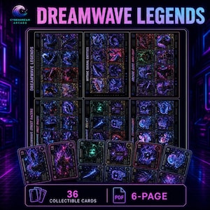 May include: A collection of 36 collectible cards titled Dreamwave Legends, featuring vibrant neon purple, blue, and pink cosmic illustrations on a black background. The set includes six pages of cards with categories like Mythic Signal Entities.